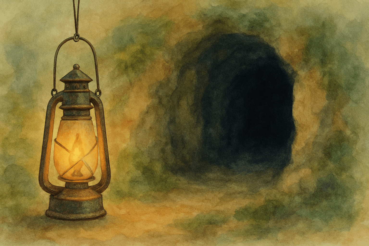 Lanterne aquarelle devant une grotte